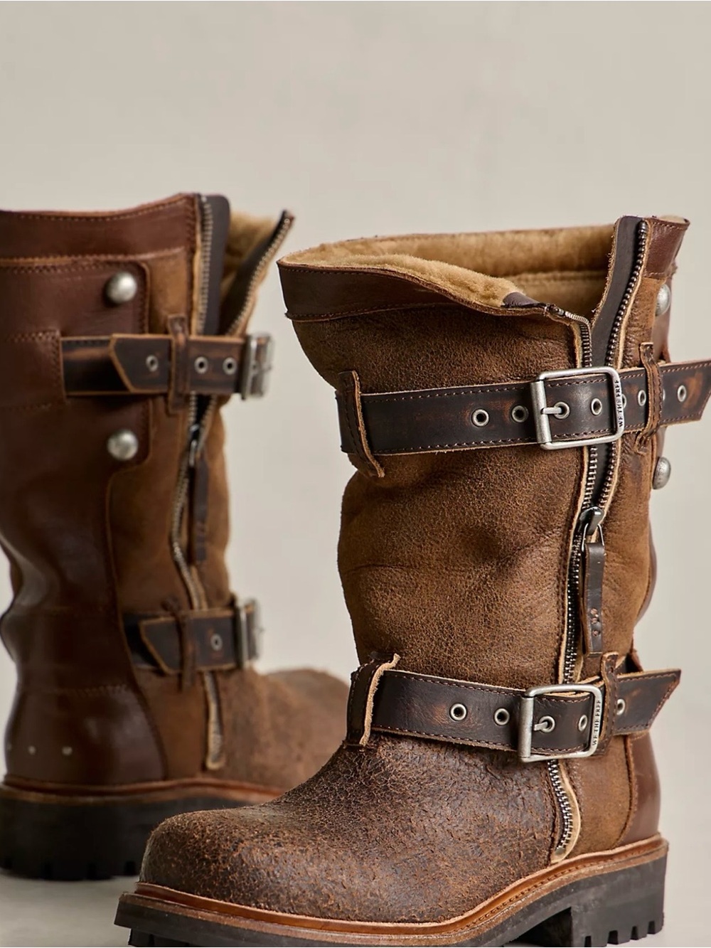 We The Free Distressed Brown Leather Shearling-Lined Buckle Boots - Picture 2 of 7